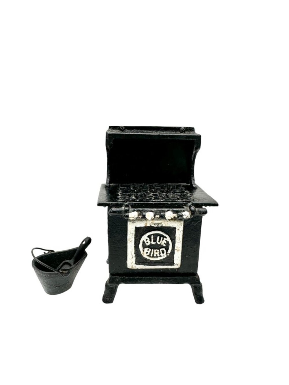 Blue Bird Vintage Cast Iron Toy Stove With Coal Bucket & Shovel 6” H Collectible